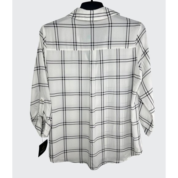 FORTUNE + IVY Christelle White & Black Plaid Button Down Blouse 3/4 Sleeve XL - Picture 3 of 16